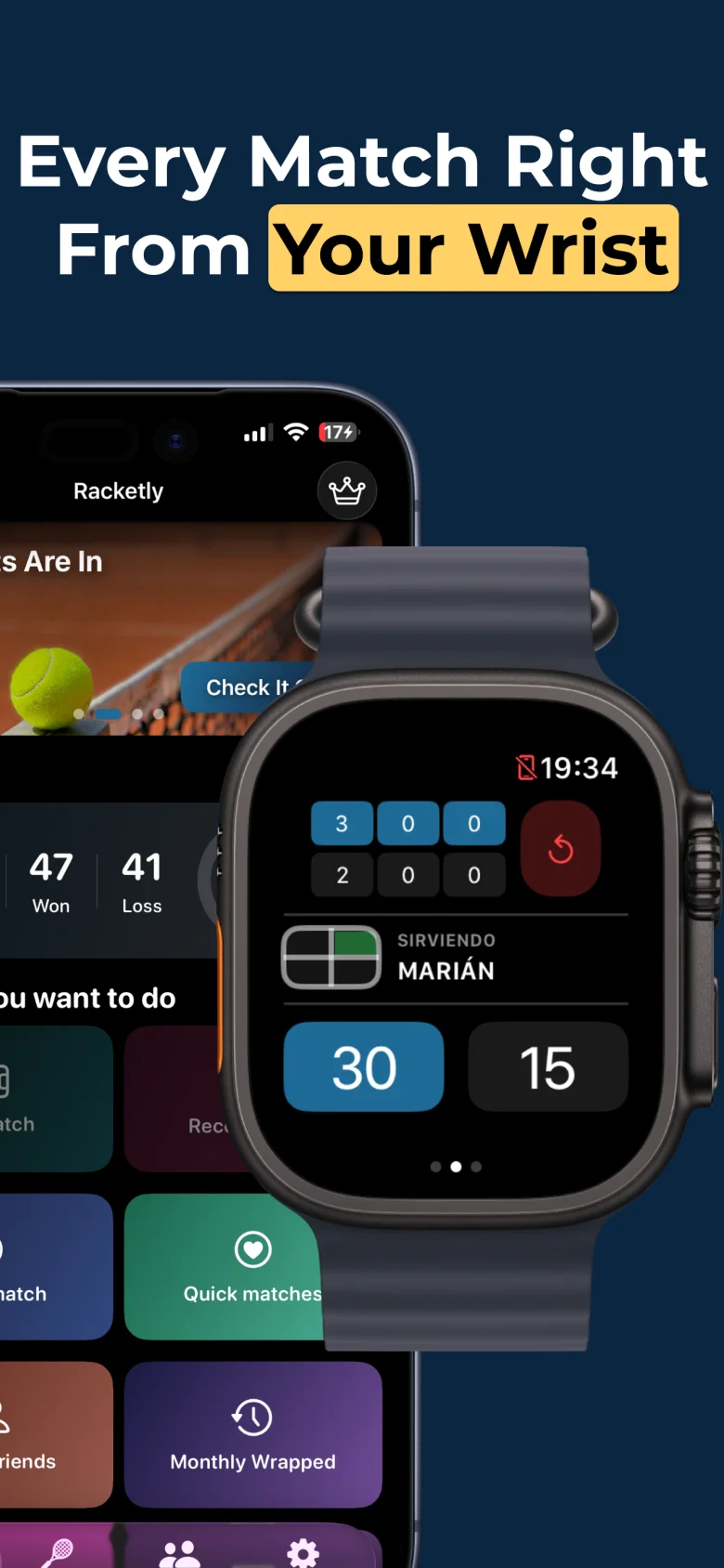 Racketly Apple Watch live score screen for a padel match, showing sets, games, points and server