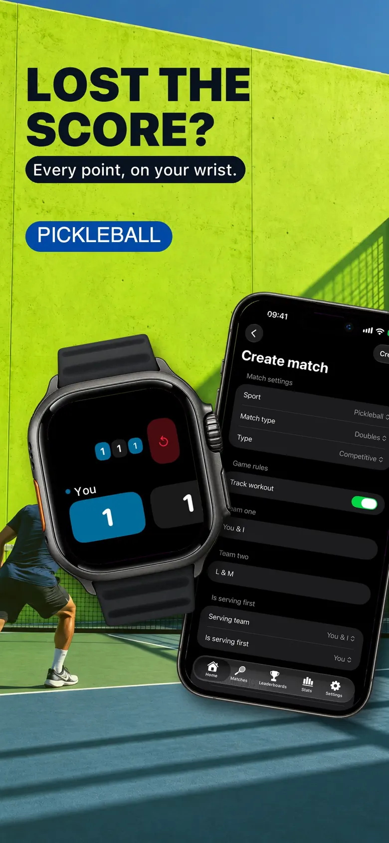 Racketly Apple Watch live score screen alongside pickleball match setup on iPhone