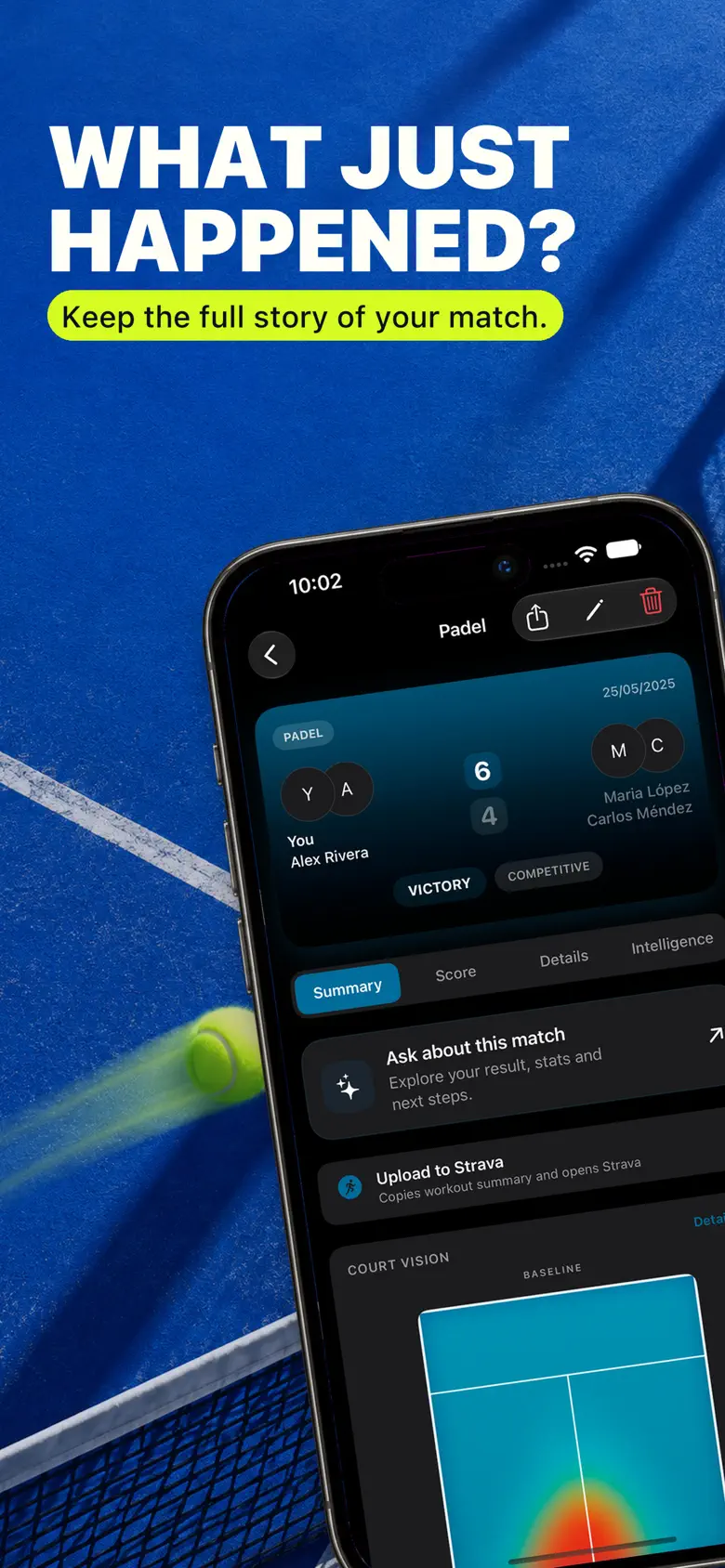 Racketly iPhone match insights screen showing score and performance statistics after a racket sports match