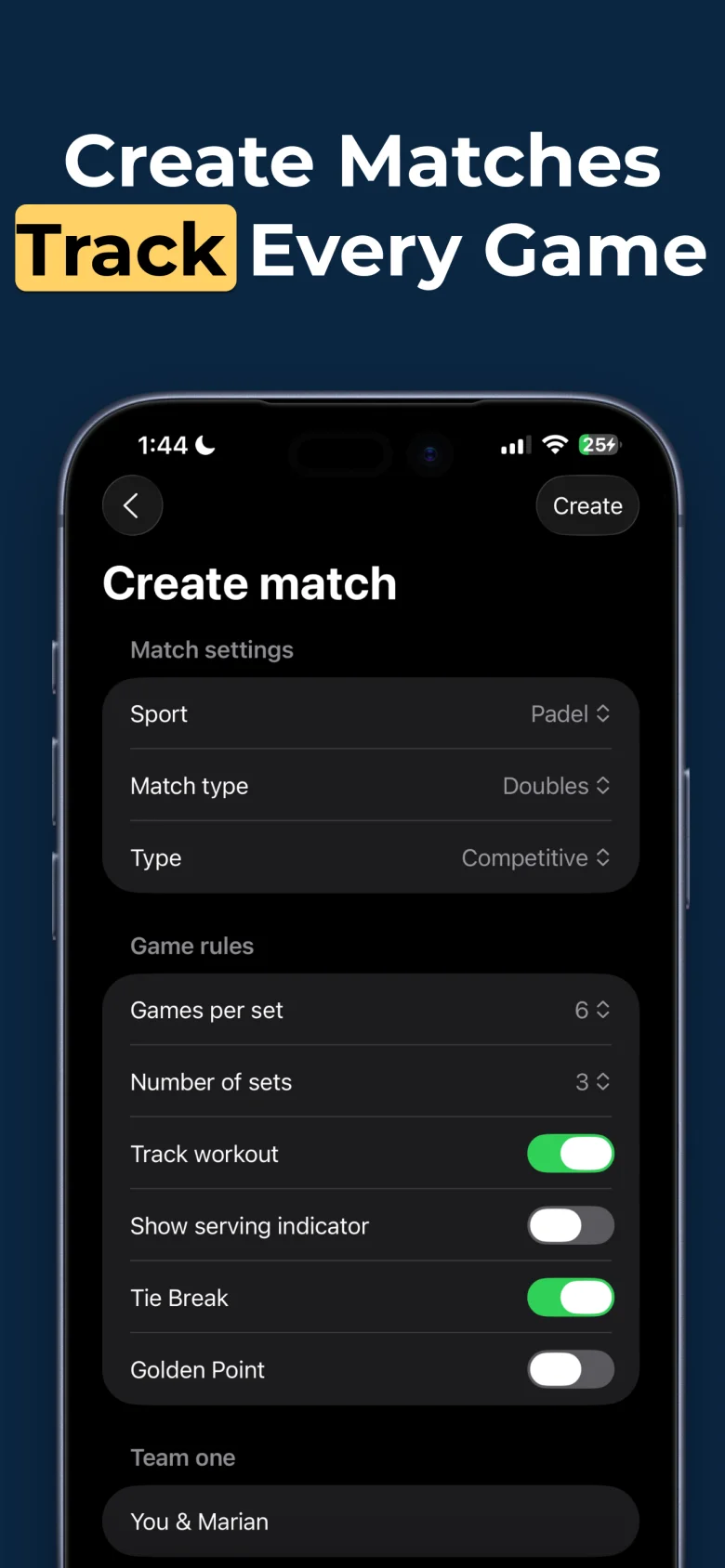 Racketly match setup screen on iPhone with sport, scoring format and tie-break options