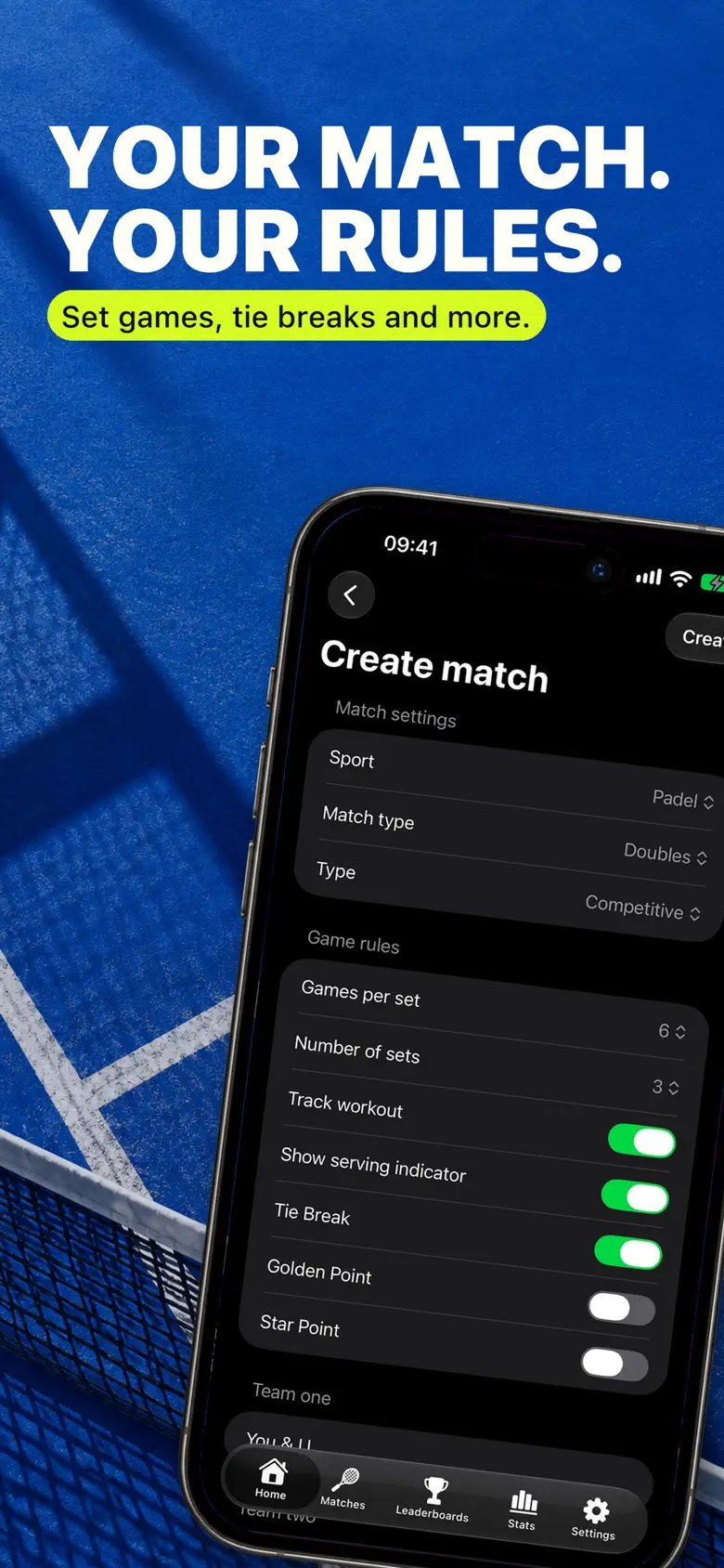 Racketly match setup screen on iPhone with sport, scoring format and tie-break options
