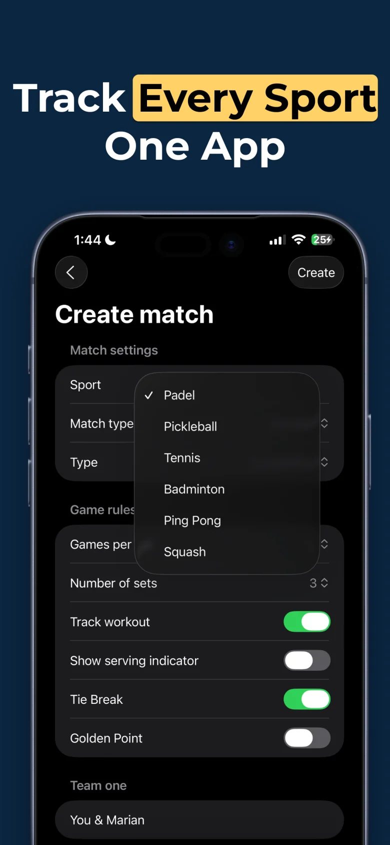 Racketly sport picker showing tennis, padel, pickleball, badminton, squash and ping pong