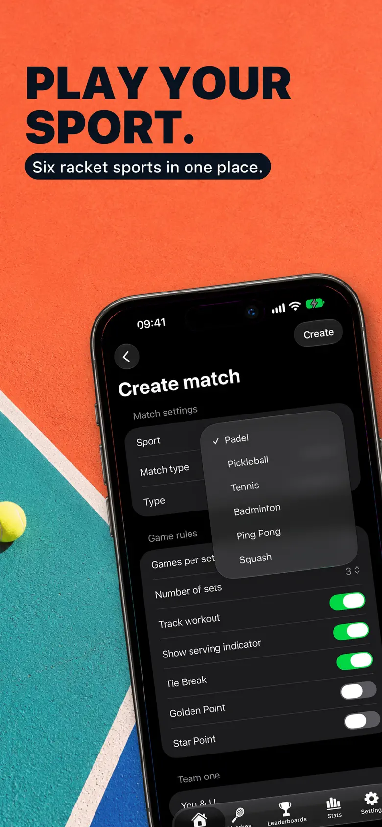 Racketly sport picker showing tennis, padel, pickleball, badminton, squash and ping pong