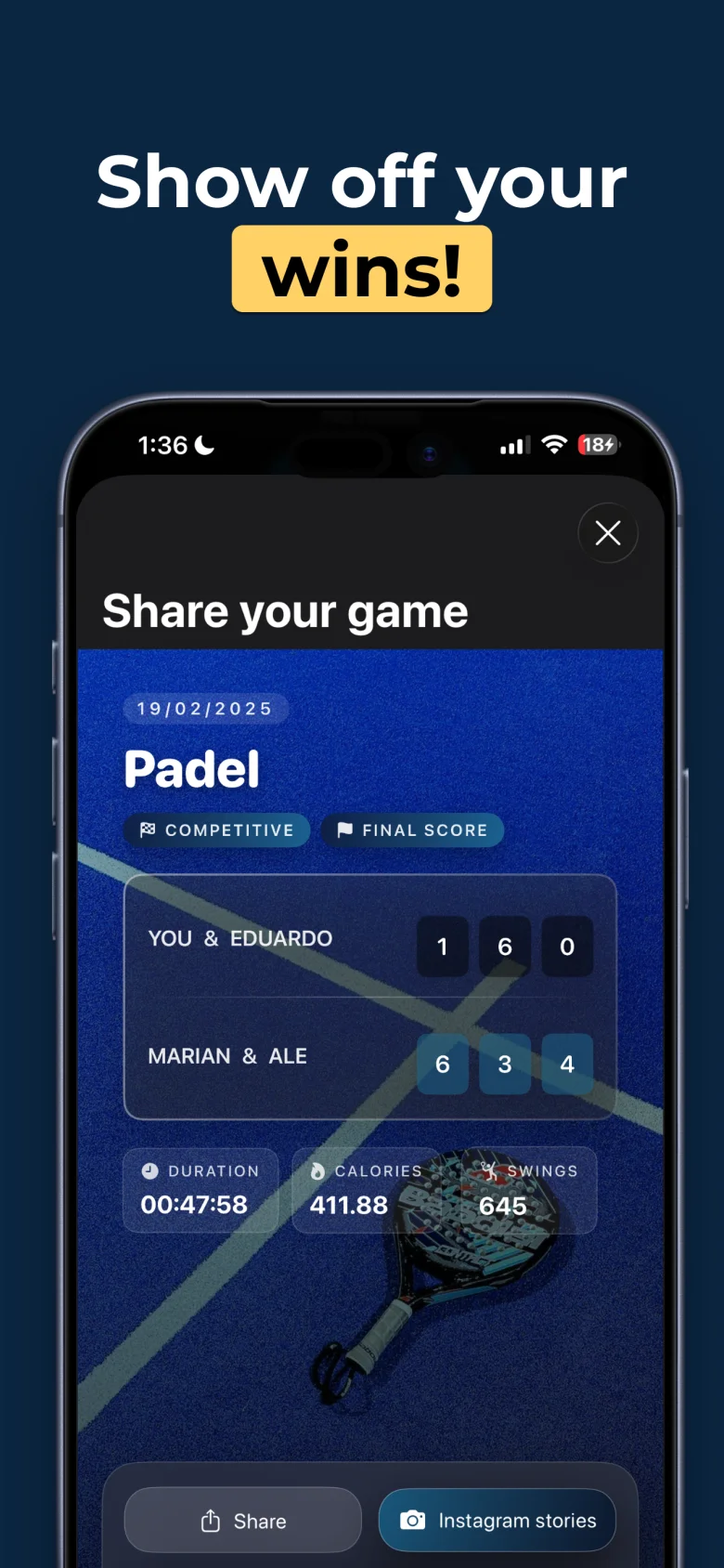 Racketly shareable racket sports match summary designed for social media