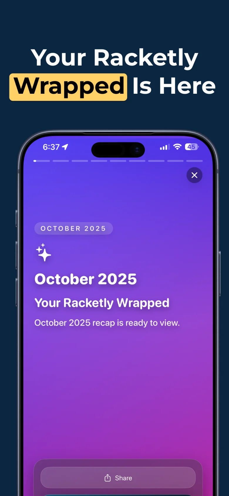 Racketly monthly recap screen showing total matches, win rate and playing progress