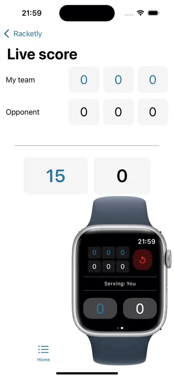 Racketly demonstration showing match scoring on Apple Watch